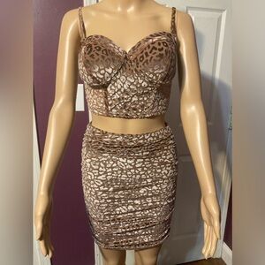 Two Piece Mocha and Cheeta Print Skirt Set, NWT,size Top M Skirt S